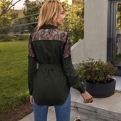 Women's Long Sleeve Button-Up Tunic Shirt with Lace Panels and Waist Tie