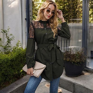 Women's Long Sleeve Button-Up Tunic Shirt with Lace Panels and Waist Tie