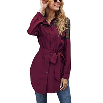 Women's Long Sleeve Button-Up Tunic Shirt with Lace Panels and Waist Tie