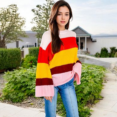 Women's Striped Knit Sweater with Bell Sleeves and Colorful Details