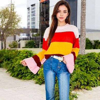 Women's Striped Knit Sweater with Bell Sleeves and Colorful Details