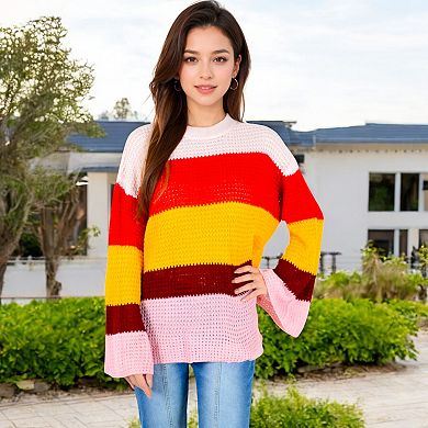 Women's Striped Knit Sweater with Bell Sleeves and Colorful Details