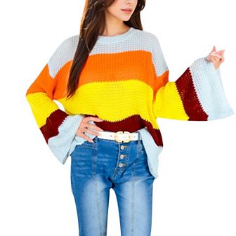 Women's Striped Knit Sweater with Bell Sleeves and Colorful Details