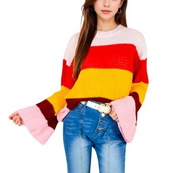 Women's Striped Knit Sweater with Bell Sleeves and Colorful Details