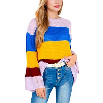 Women's Striped Knit Sweater with Bell Sleeves and Colorful Details