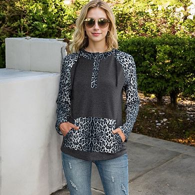 Women's Leopard Contrast Long Sleeve Hoodie with Kangaroo Pocket