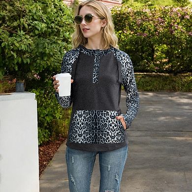 Women's Leopard Contrast Long Sleeve Hoodie with Kangaroo Pocket