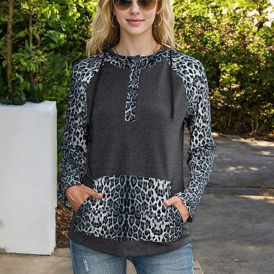 Women's Leopard Contrast Long Sleeve Hoodie with Kangaroo Pocket