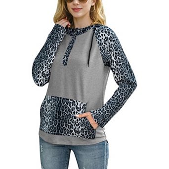 Women's Leopard Contrast Long Sleeve Hoodie with Kangaroo Pocket