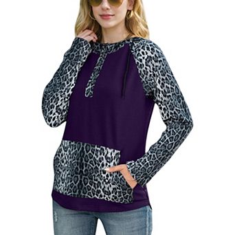 Women's Leopard Contrast Long Sleeve Hoodie with Kangaroo Pocket