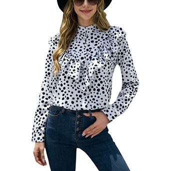 Women's Polka Dot Blouse with Ruffled Front Detail and High Neck