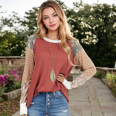 And The Why Button Detail Printed Sleeve Waffle Knit Top
