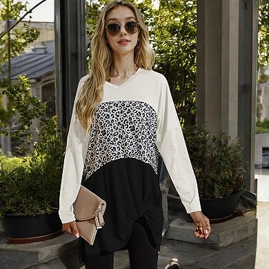 Women's Long Sleeve Color Block Tunic Top with Leopard Print Detail
