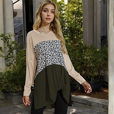 Women's Long Sleeve Color Block Tunic Top with Leopard Print Detail