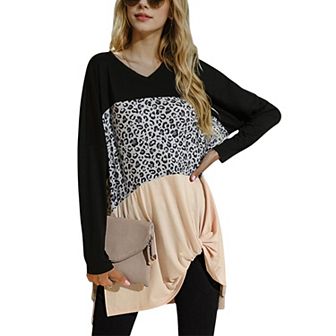 Women's Long Sleeve Color Block Tunic Top with Leopard Print Detail