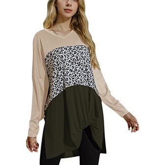 Women's Long Sleeve Color Block Tunic Top with Leopard Print Detail