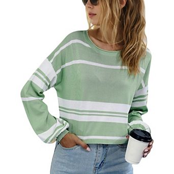 Women's Striped Long Sleeve Crew Neck Pullover Knit Top