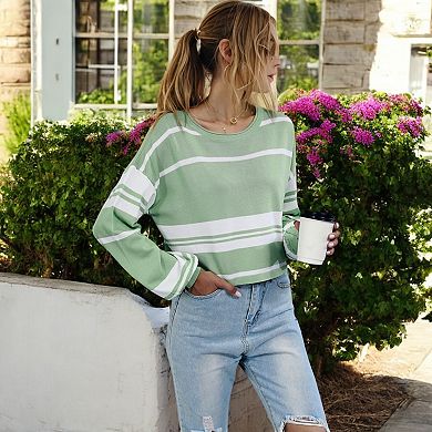 Women's Striped Long Sleeve Crew Neck Pullover Knit Top