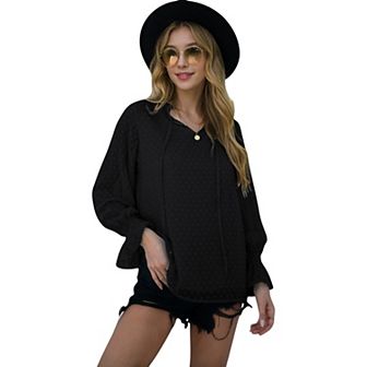 Women's Long Sleeve Blouse with Tie-Neck and Subtle Swiss Dots