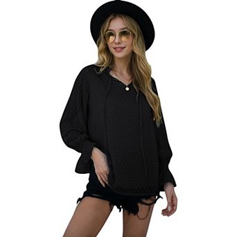 Women's Long Sleeve Blouse with Tie-Neck and Subtle Swiss Dots