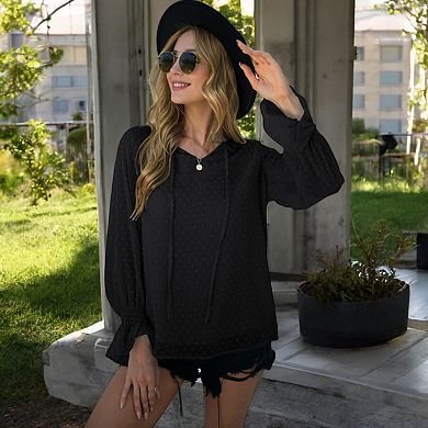 Women's Long Sleeve Blouse with Tie-Neck and Subtle Swiss Dots