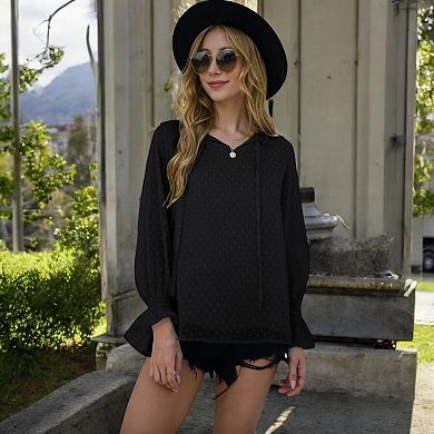 Women's Long Sleeve Blouse with Tie-Neck and Subtle Swiss Dots