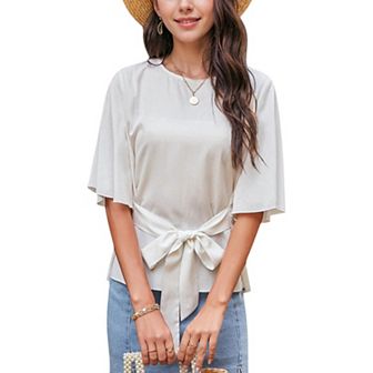 Women's Flutter Sleeve Top with Waist Tie and Round Neckline