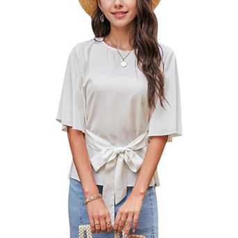 Women's Flutter Sleeve Top with Waist Tie and Round Neckline