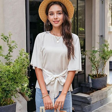 Women's Flutter Sleeve Top with Waist Tie and Round Neckline