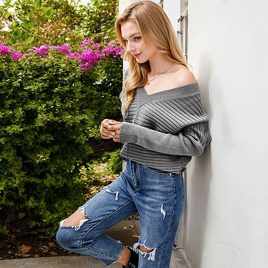 Women's Oversized V-Neck Ribbed Knit Sweater with Dolman Sleeves