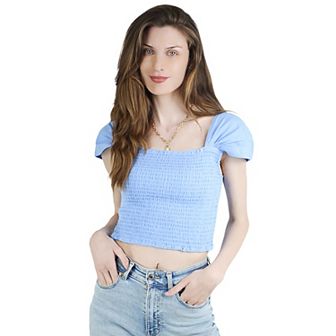 Women's Square Neck Smocked Cap Sleeves Linen Crop Tops Trendy