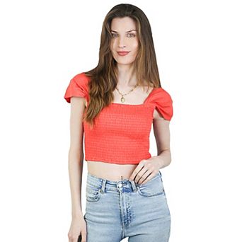 Women's Square Neck Smocked Cap Sleeves Linen Crop Tops Trendy