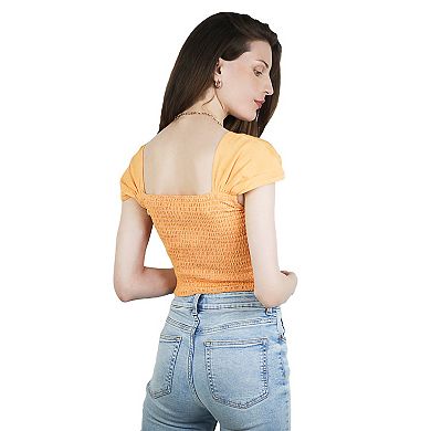 Women's Square Neck Smocked Cap Sleeves Linen Crop Tops Trendy