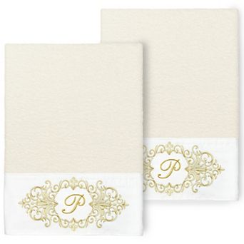 Linum Home Textiles Turkish Cotton Monica 2 pc Cream Monogram Embellished Bath Towel Set