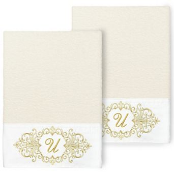 Linum Home Textiles Turkish Cotton Monica 2 pc Cream Monogram Embellished Bath Towel Set