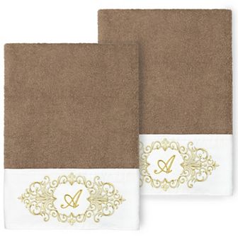 Linum Home Textiles Turkish Cotton Monica 2 pc Mocha Monogram Embellished Bath Towel Set