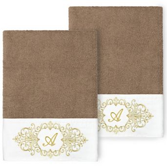 Linum Home Textiles Turkish Cotton Monica 2 pc Mocha Monogram Embellished Bath Towel Set