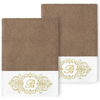 Linum Home Textiles Turkish Cotton Monica 2 pc Mocha Monogram Embellished Bath Towel Set