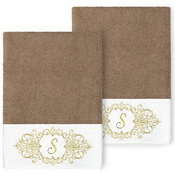 Linum Home Textiles Turkish Cotton Monica 2 pc Mocha Monogram Embellished Bath Towel Set
