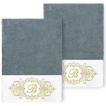 Linum Home Textiles Turkish Cotton Monica 2 pc Steel Gray Monogram Embellished Bath Towel Set