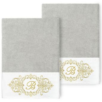 Linum Home Textiles Turkish Cotton Monica 2 pc Dove Gray Monogram Embellished Bath Towel Set