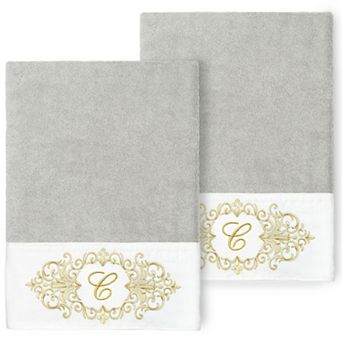 Linum Home Textiles Turkish Cotton Monica 2 pc Dove Gray Monogram Embellished Bath Towel Set