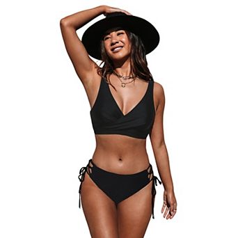 Women's Cupshe Black Lace-Up Bralette & Tie Side Bikini Set