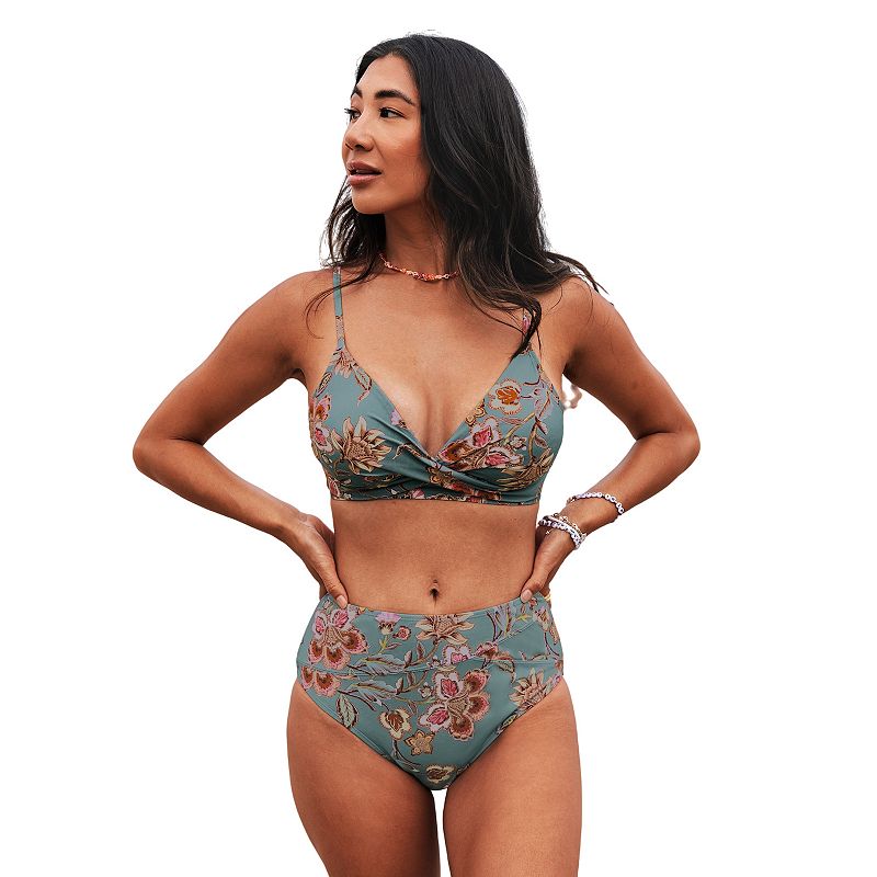 Women's Cupshe Floral Wrapped Bikini Top & High-Rise Bottoms Set, Size: Medium, Green