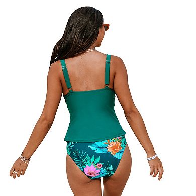 Women's Cupshe Twist Shirred Front Ruched Mid Rise Tankini Set