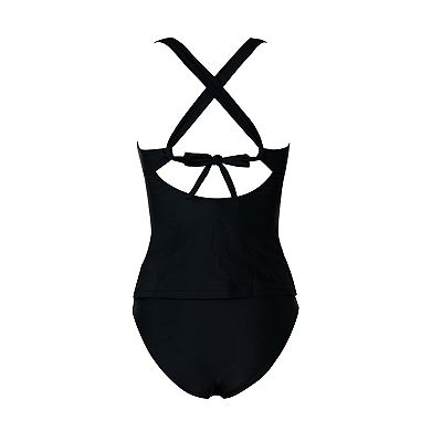 Women's Cupshe Black Ruched Tankini Top & Mid-Rise Bottoms Set