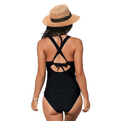 Women's Cupshe Black Ruched Tankini Top & Mid-Rise Bottoms Set