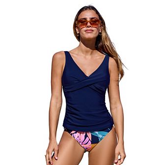 Women's Cupshe Twist Shirred Front Ruched Mid Rise Tankini Swim Set