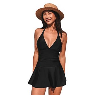 Women's Cupshe Black Halter Plunge Ruched Swim Dress
