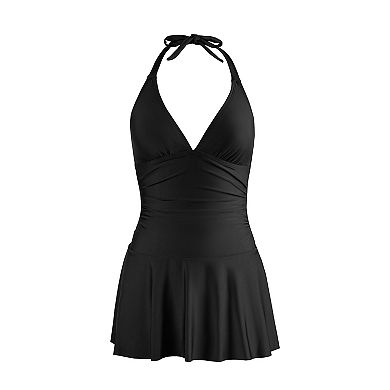Women's Cupshe Black Halter Plunge Ruched Swim Dress